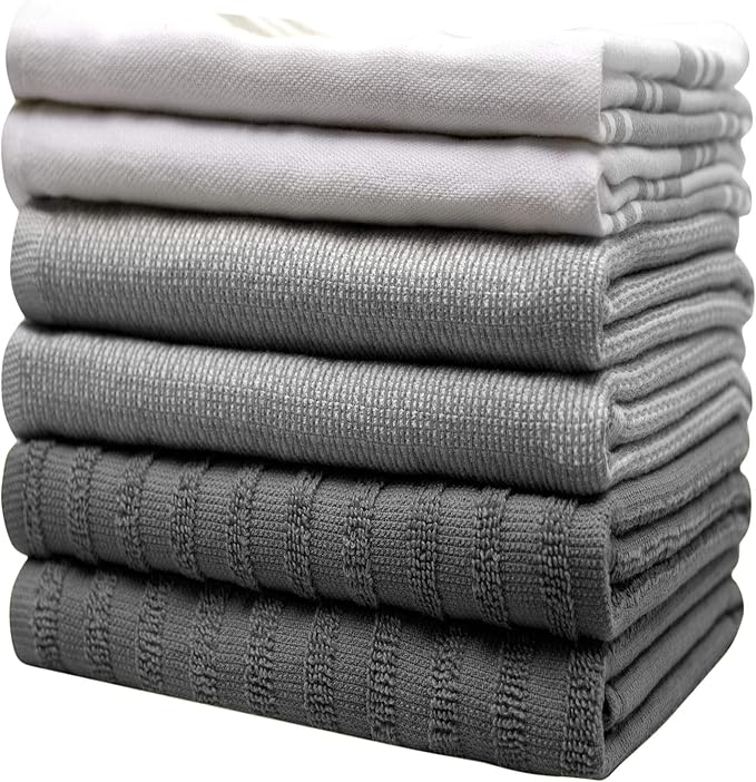 Premium Kitchen Towels (20”x 28”, 6 Pack) | Large Cotton Dish Towels | Flat & Terry Highly Absorbent Kitchen Linen Set with Hanging Loop | Grey Striped