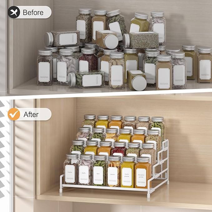 RUILALIFE 4-Tier-Spice-Rack-Organizer-for-Cabinet, Adjustable Depth Spice Holder Shelf For Countertop Pantry Cupboard, Metal Tiered Seasoning Organizer,Display Shelf Riser (White-2 Pack)