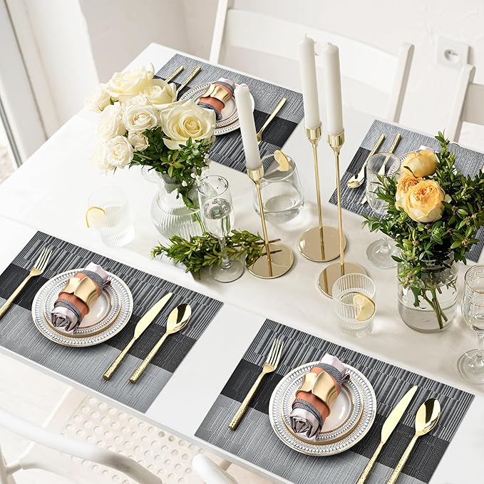 SLKQG Placemats Set of 4 - Washable Easy Clean Vinyl Placemats - Heat Resistant PVC Place Mats for Dining Table - (Black and Gray, 4)