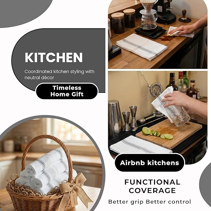 Bulk Kitchen Towels Cotton for Chefs in Commercial Restaurants - 15"X25" - 6 Pack - White Linen Tea Dish Towels - Lint Free Soft Absorbent Side Gray Striped Herringbone Weave Towles