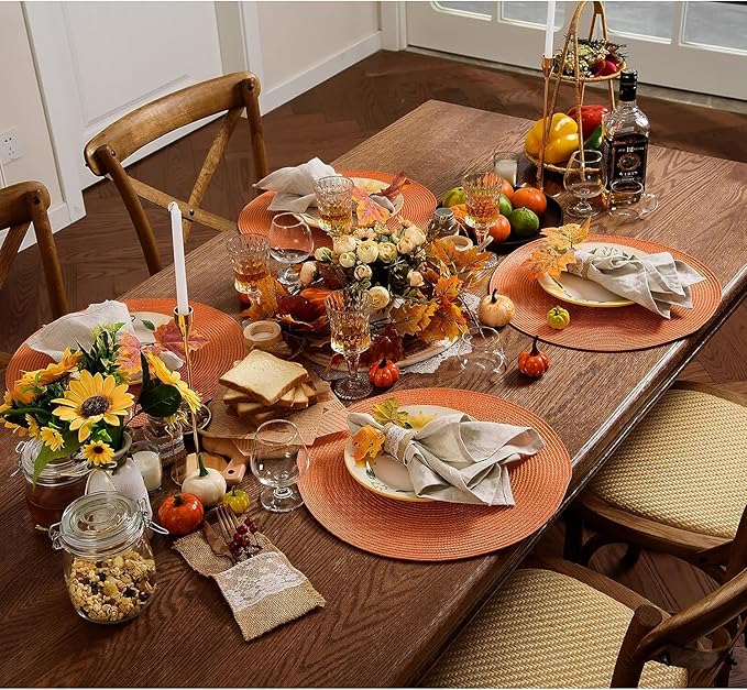 AHHFSMEI Round Placemats Set of 8 Heat Resistant Washable Non-Slip Woven Braided Table Mats for Dining Table Kitchen & Home Decor (Orange,8)