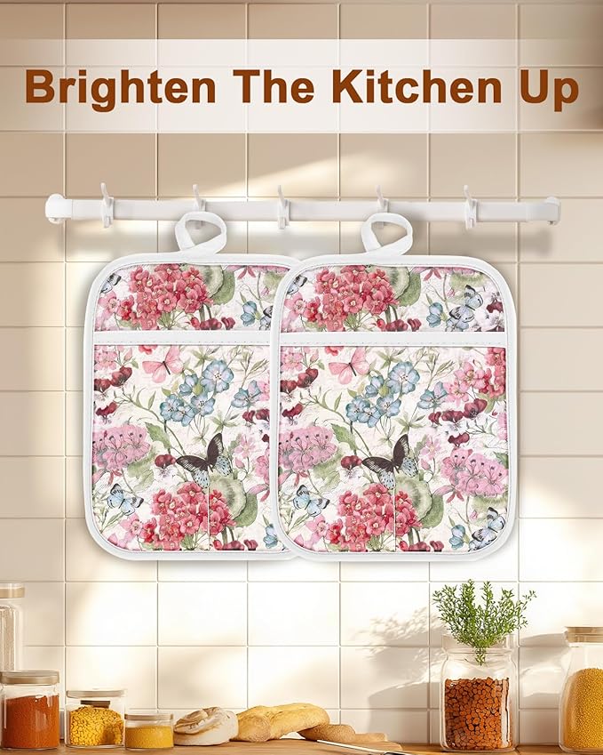 Swooflia 100% Cotton Pot Holders 2 Pack Set for Kitchen with Pockets - Cute 440°F Heat Resistant Oven Hot Pads Heavy Duty for Countertop Home Cooking Baking Microwave BBQ Butterfly Floral