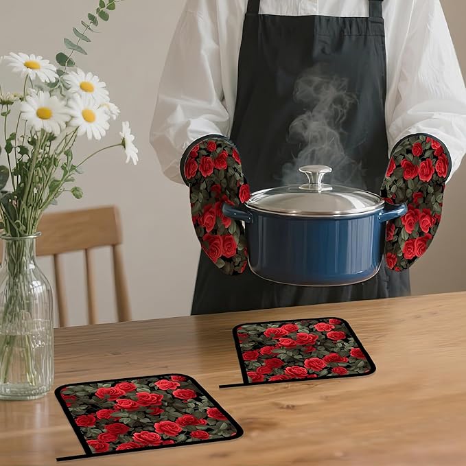 Red Rose Oven Mitts and Pot Holders Set,Kitchen Oven Gloves and Pot Holder with Heat Resistant Non Slip for Cooking Baking Grilling(4 Piece Set)