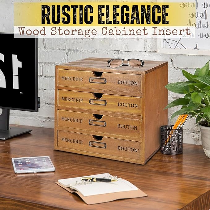 Flexzion Desktop Storage Box with Drawers - Wooden 4 Drawer Organizer Card Catalog Cabinet, No Assembly Required, Pine Wood Vintage Tabletop for Home and Office Accessories