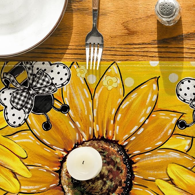 Artoid Mode Sunflower Bee Flower Polka Dot Summer Table Runner, Seasonal Kitchen Dining Table Decoration for Indoor Party Home 13x36 Inch