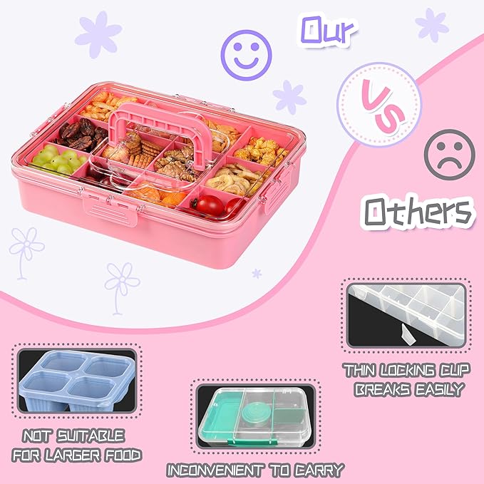 Xyptorix Snack Box Container for Kids - Adjustable 12-Compartment Snack Containers, Reusable Bento Box, Dishwasher Safe, BPA-Free, Perfect for School, Travel, Camping & Picnic, Pink, Large