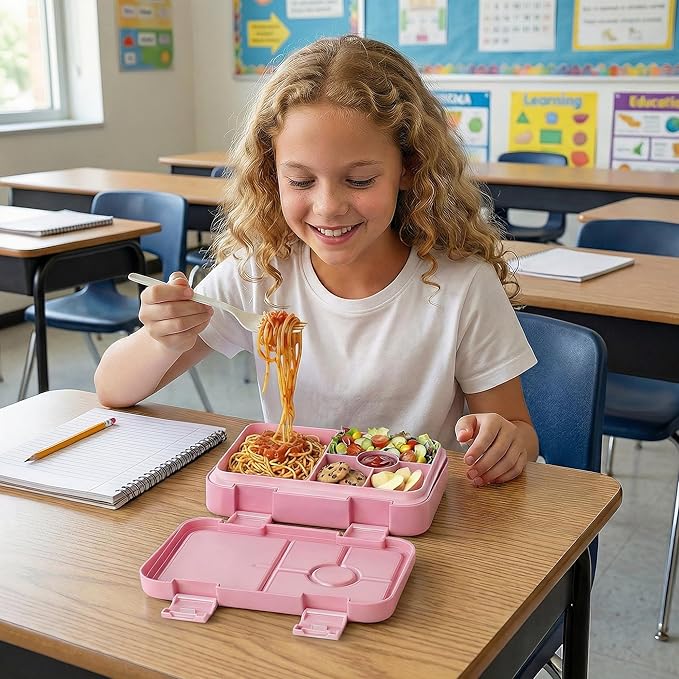 Bento Lunch Box for Kids, 6 Compartments BPA Free, Dishwasher Safe Back to School Snack Bento Lunch Containers Boxes, Ideal Portion Sizes for On-the-Go Meal, Ages 3+, School, Pink