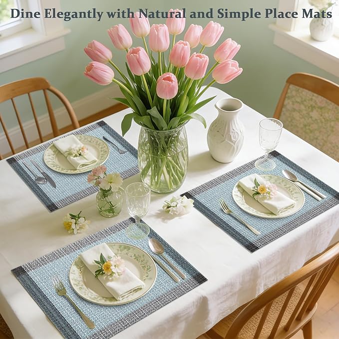 Bloss Blue Grey Ethnic Boho Placemats Set of 4-12x18Inch Table Mats Washable Heat-Resistant Place Mats for Dining Table, Easy to Clean Boho Farmhouse Placemats for Holiday Party Dining Table Decor