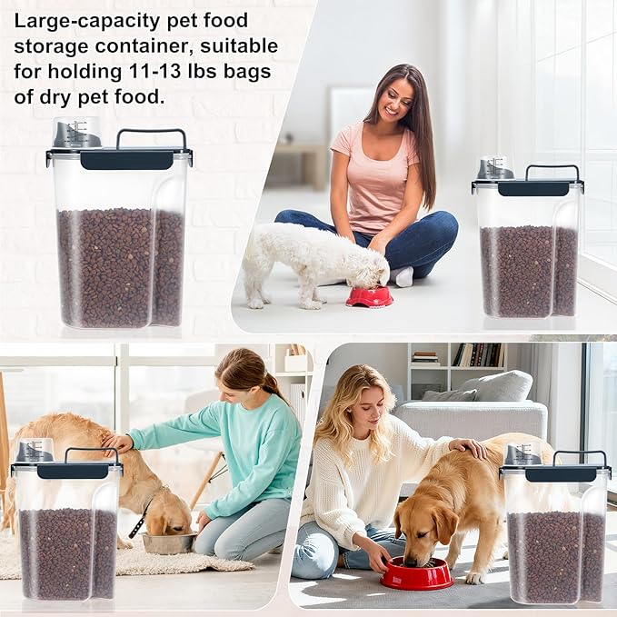 LEAWALK 10-13 Lbs Upgrade Capacity Dog Cat Food Storage Container, Pet Dog Treat Container, Airtight, Clear Bucket Body, With 2-Cup Scoop, Handle, Large Nozzle, 4-Safety Buckles, Easy to Clean, Blue