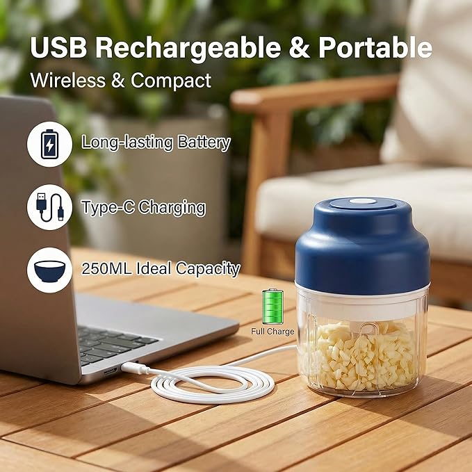 2026 New Electric Garlic Chopper, Mini Portable Veggie Chopper USB Charging Wireless Food Processor, Upgrade Electric Mini Garlic Chopper Set Wireless Veggie Grinder (Blue, 350ML)