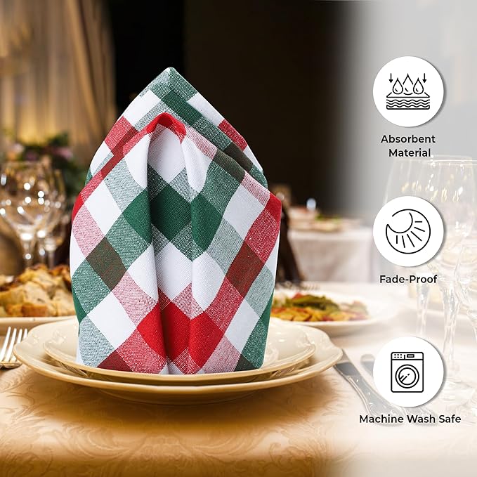 Urban Villa Cotton Dinner Napkins Set of 6, Highly Absorbent 20x20 Inches Premium Cloth Napkins Hotel Quality Reusable & Washable Table Dinner Napkins for Home & Weddings - Red/Green/White, Checks