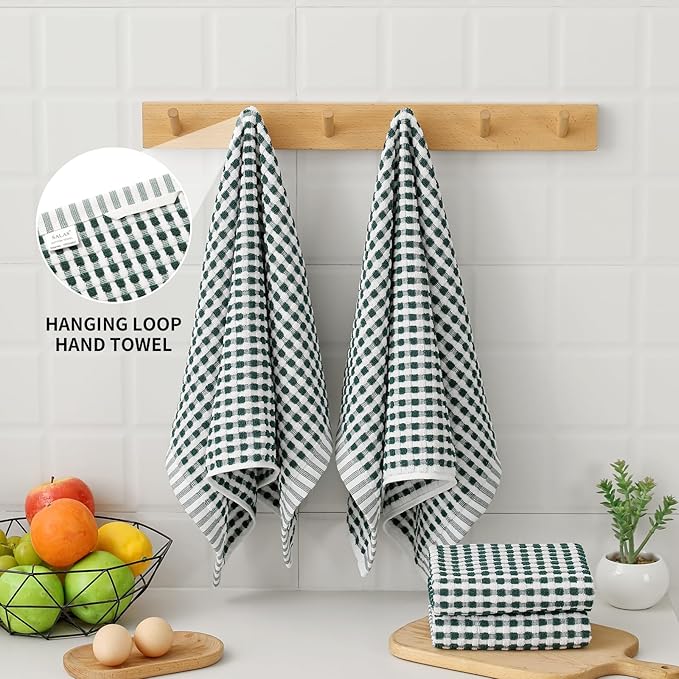 SALAS Cotton Dish Towels Cloths for Kitchen Drying Dishes, Lattice Terry Kitchen Towels, Highly Absorbent Kitchen Cloths with Hanging Loop, 16‘’ x 26‘’, 6 Packs, Green
