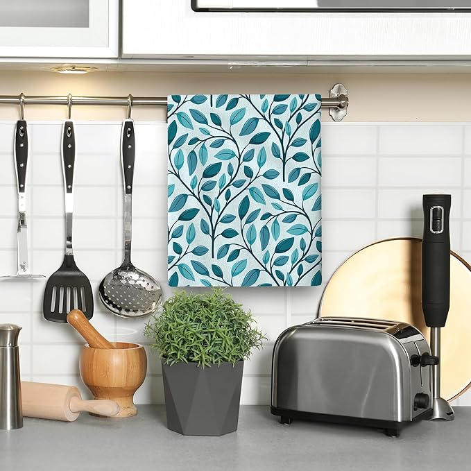 Green Leaves Kitchen Towels Decorative Set 2, Cute Botanic Hand Towels Tea Towels, Soft Absorbent Dish Towels for Kitchen Baking Farmhouse Bathroom Spring Summer Kitchen Decor