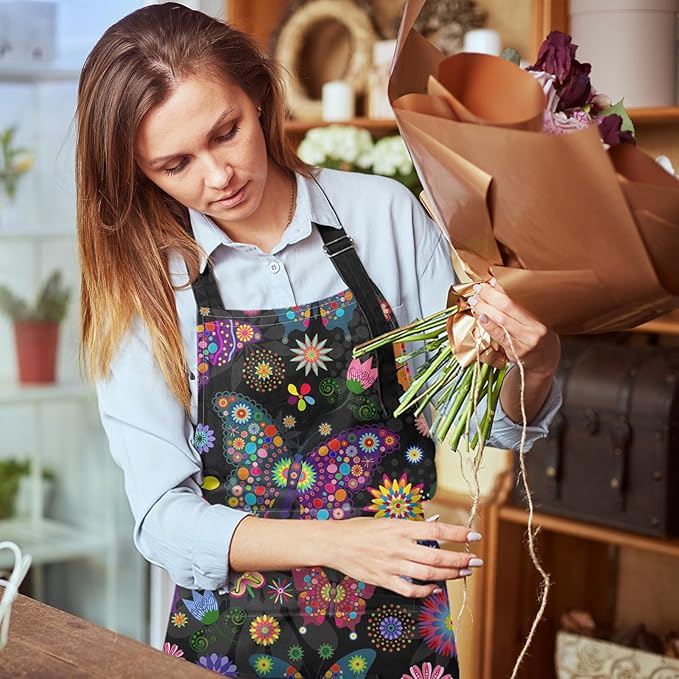 Britimes Butterfly Apron Floral Colorful Butterflies Flowers Aprons Kitchen Cooking Gardening for Women With Pockets