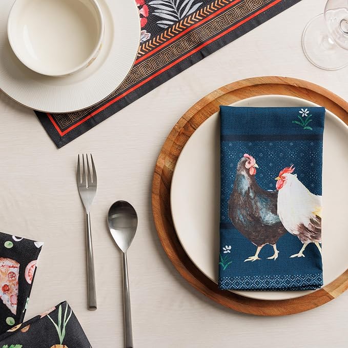 Maison d' Hermine Cloth Napkins Set of 4 100% Cotton Everyday Reusable Square Napkins Cloth Washable Dinner Party Wedding Restaurant Gifts for Mothers Day Spring/Summer(Meadow Rooster, 18" x 18")