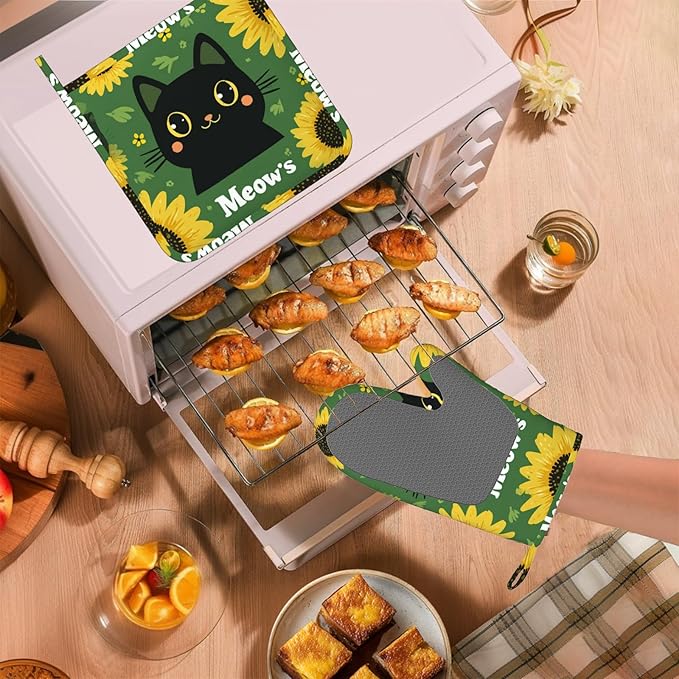 Black Cat Oven Mitts and Pot Holders Sets Cartoon Sunflower Silicone Heat Resistant Kitchen Oven Gloves Pot Holder for Cooking Baking Grilling BBQ