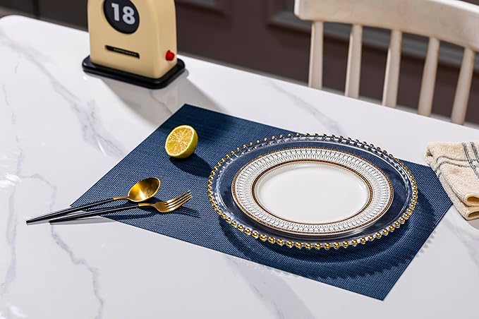 LEXMORE Placemats Set of 4 Vinyl/Plastic Woven Place Mats for Kitchen Table Indoor/Outdoor Washable Placemat Wipeable Dining Table Mats(Navy Blue)