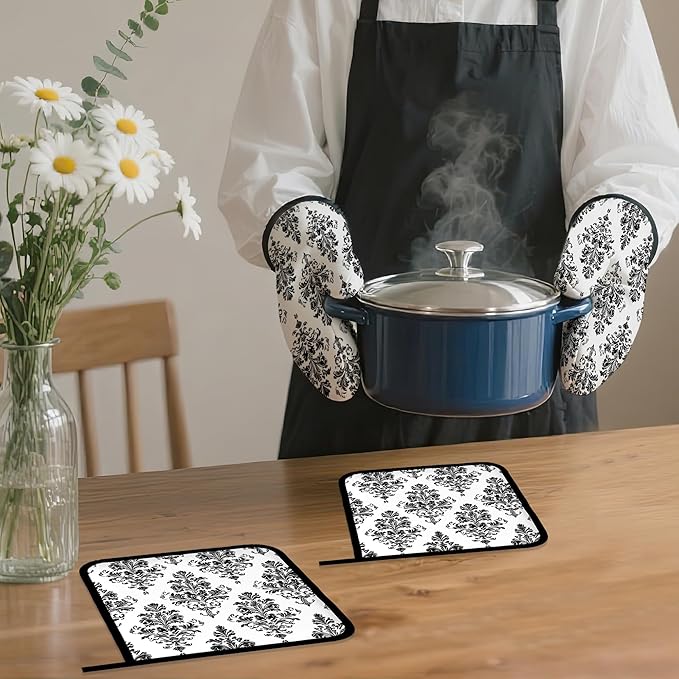 Vintage Damask Floral Oven Mitts and Pot Holders,Heat Resistant Oven Mitts Gloves and Pot Holder for Home Kitchen Decorations Cooking Baking BBQ Gifts,Set of 4