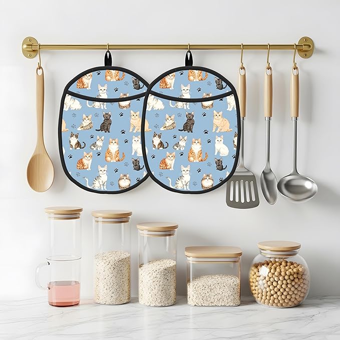 Cat Blue Silicone Pot Holders Set of 2, Heat Resistant up to 500°F, Non-Slip Kitchen Hot Pads with Pocket and Soft Quilted Cotton Lining for Baking, Cooking and Hot Pots