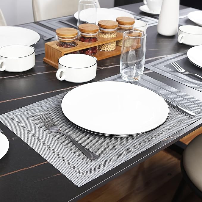 Placemats Set of 12,Washable,Heat and Stain Resistant Indoor/Outdoor Place mats,Vinyl Woven Non Slip Table Mats for Restaurant Table Protection,PVC Placemats(Gray,12PCS)