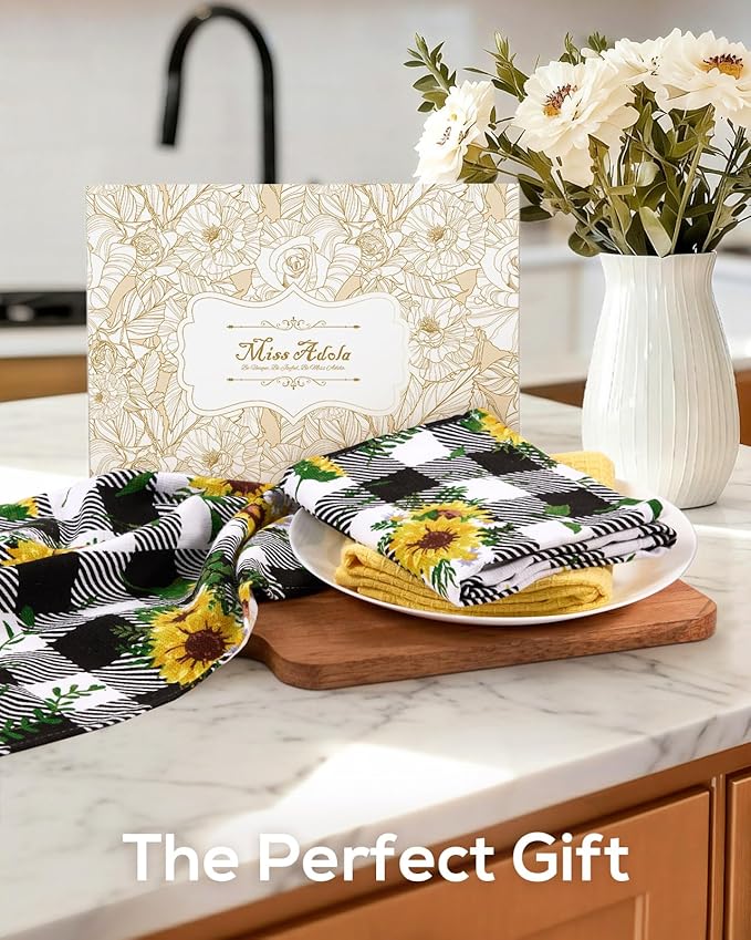Miss Adola 3pcs Cotton Kitchen Towels - 270 GSM 15x25 Inch Terry Cloths Reusable Dish Cloths for Cleaning Absorbent Soft Hand Tea Towels with Hanging Loop for Housewarming Home Decor, Plaid Sunflower