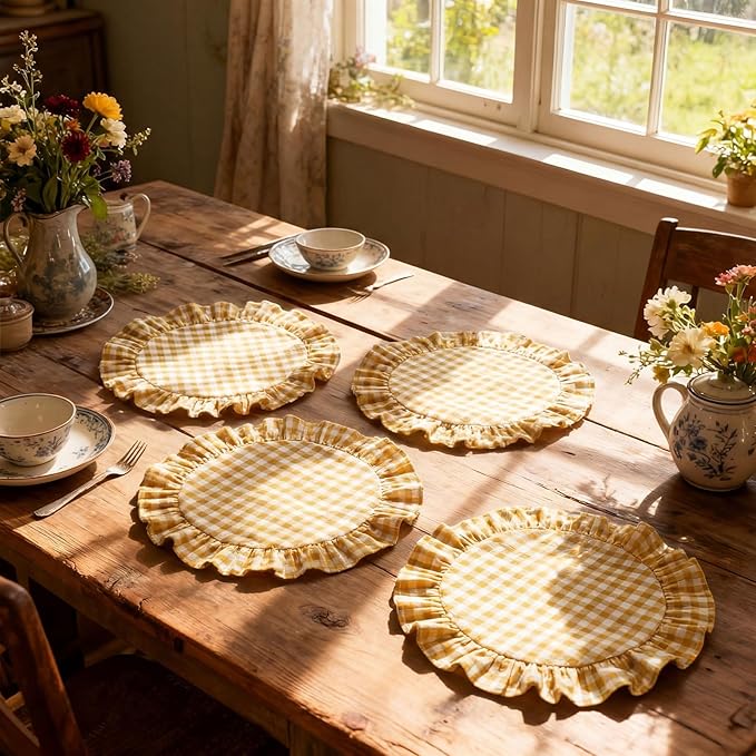 4 Pcs 15 Inch 100% Cotton Scalloped Round Placemats, Thin Yellow Gingham Place Mats with Ruffle, Washable Placemats Table Mats for Kitchen Dining Holiday Gatherings Decor