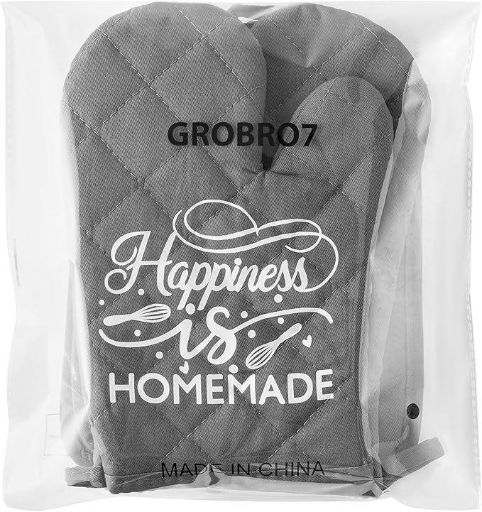 GROBRO7 6Pcs Cotton Oven Mitts and Pot Holders Set Happiness is Homemade Heat Resistant Hot Pad Machine Washable Microwave Gloves with Hanging Loop Pocket Potholder for Kitchen Baking Cooking Grilling