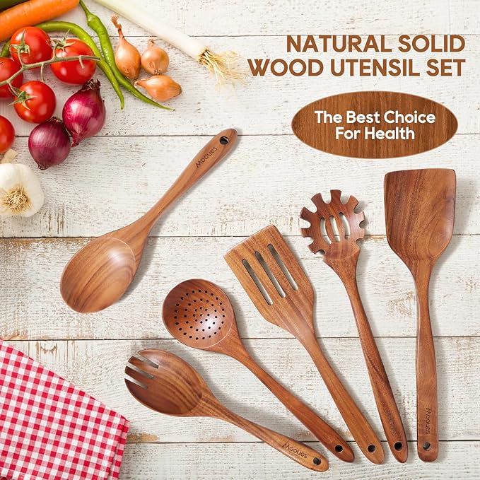 Wooden Spoons for Cooking, 6PCS Teak Wood Cookware Utensil Set with Hooks - Smooth Finish, Non-Stick, Comfortable Grip, Heat Resistant Kitchen Utensils