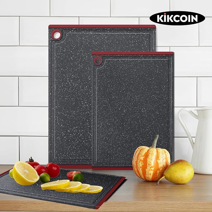 Kikcoin Plastic Cutting Boards for Kitchen, 3-Piece Large Cutting Board Set Dishwasher Safe Chopping Boards with Non-slip Feet and Juice Grooves, Red