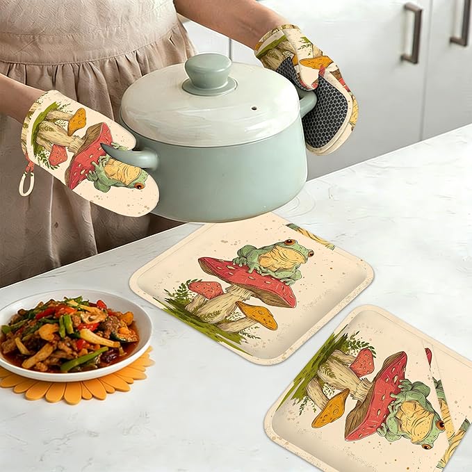 Green Frog Oven Mitts and Pot Holders Sets,Silicone Mushroom Kitchen Mitts Potholders Heat Resistant 4Pcs Oven Gloves Hot Pads for Kitchen Baking Cooking