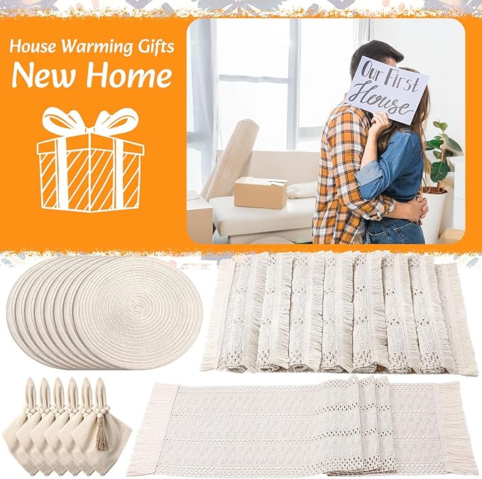 8 Sets Boho Placemats Set Round Woven Placemats, Cloth Napkins, Wood Bead Napkin Rings, White Table Runner with Tassel and Farmhouse Rustic Cotton Burlap for Kitchen (Style 1)