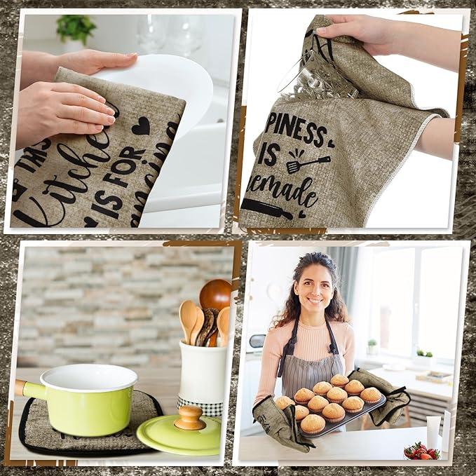 Leinuosen 8 Pcs Kitchen Towels and Oven Mitts Sets Pot Holders Dishcloths Set Kitchen Decorative Accessories Absorbent Potholders Heat Resistant for Chef Baking Cooking