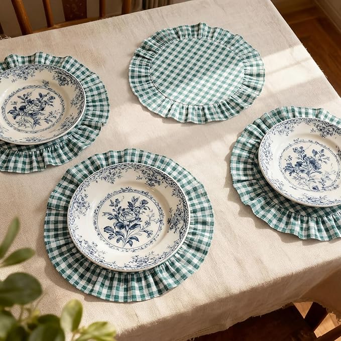 4 Pcs 15 Inch 100% Cotton Scalloped Round Placemats, Thin Dark Green Gingham Place Mats with Ruffle, Washable Placemats Table Mats for Kitchen Dining Holiday Gatherings Decor