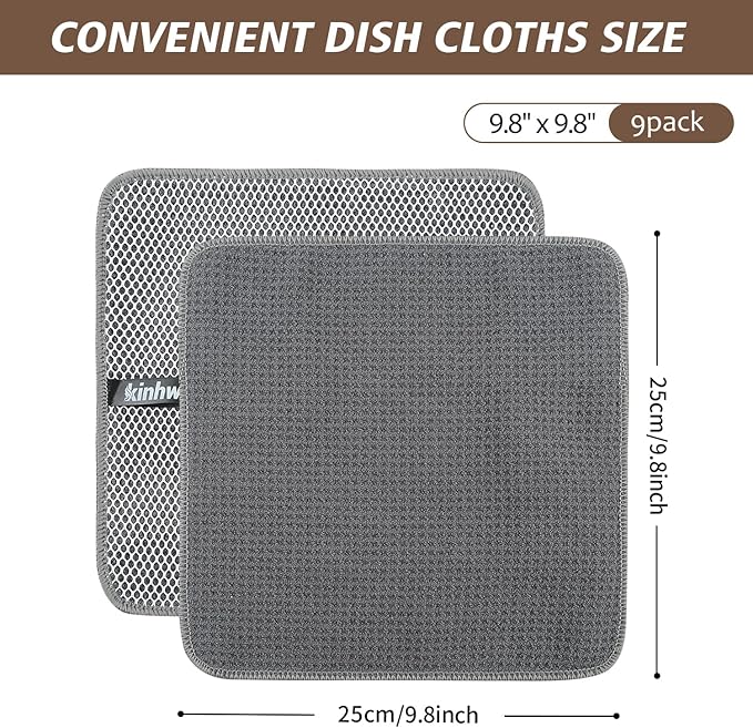 KinHwa Kitchen Washcloths for Dishes Absorbent Microfiber Dish Cloths Quick Dry Dish Rags with Poly Scour Scrub Side Ideal for Kitchen Cleaning (Grag-B, 9inchx9inch 9 Pack)