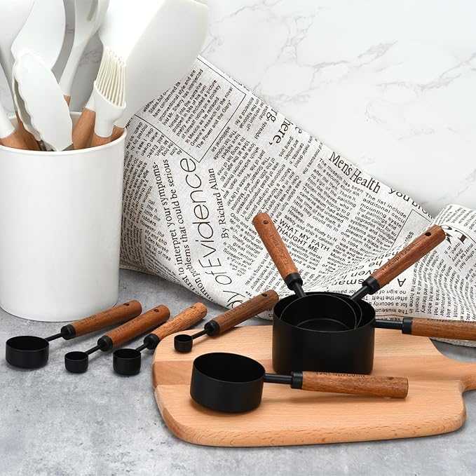 Black Measuring Cups and Spoons Set, Measuring Spoons and Measuring Cup Set for Cooking & Baking with Wood Handle