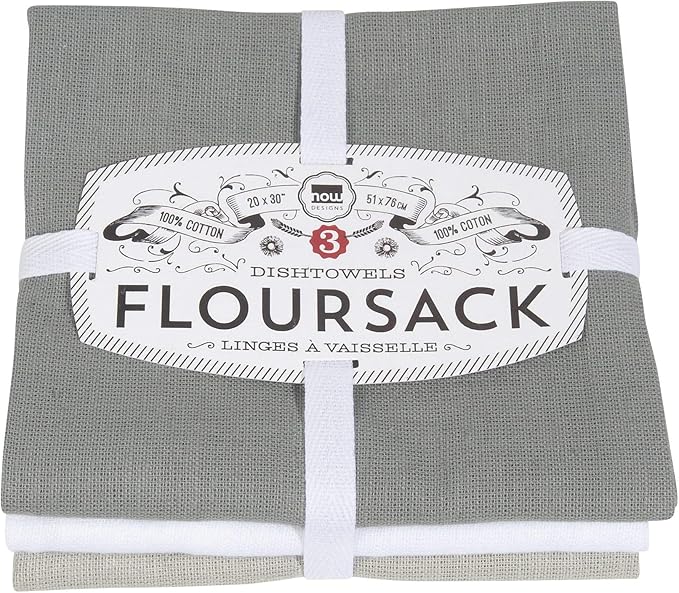 Now Designs Floursack Kitchen Dish Towels, 20 x 30in, London/White/Grey, 3 Count