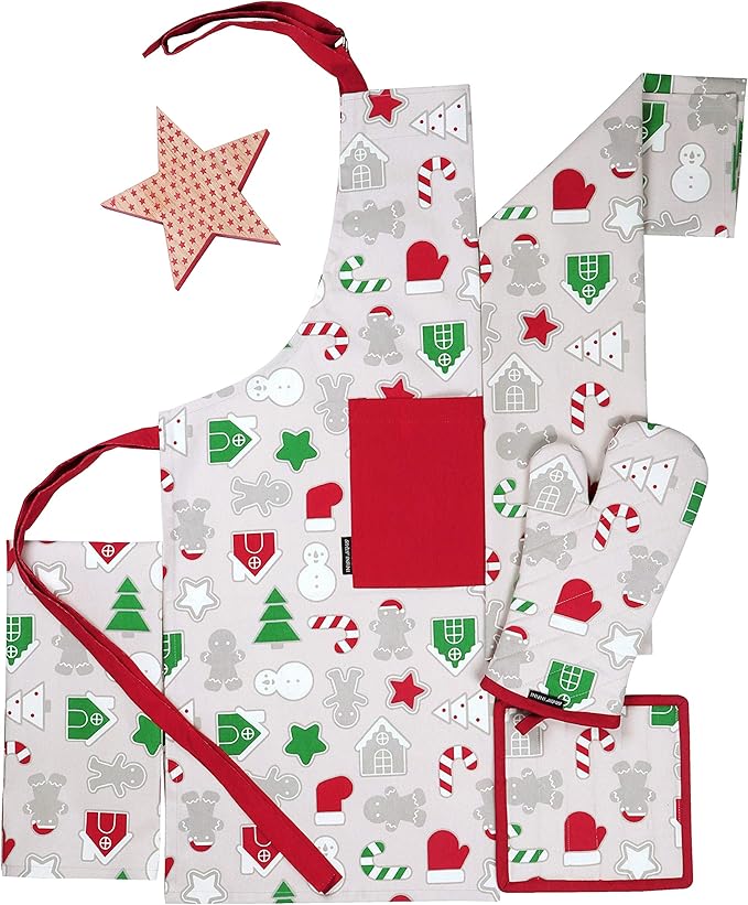 AMOUR INFINI Cotton Aprons for Women with Pocket, Adjustable Strap & Waist Ties - Washable Aprons for Baking, Cooking, Gardening (27.5 x 33 Inches - Christmas Fun)