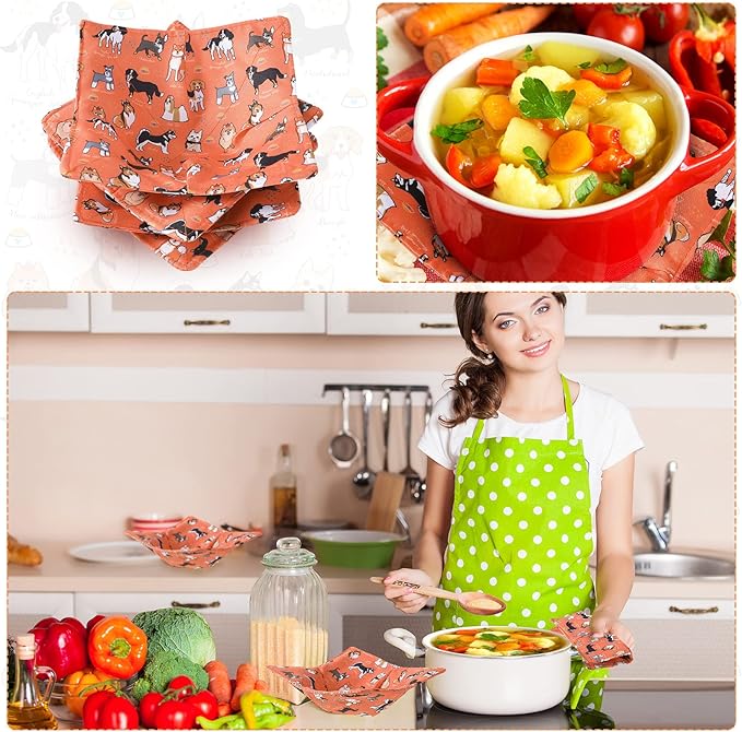 Cunhill 4 Pcs Cotton Microwave Bowl Cozy Holders for Hot Food Hot Pads Soup Bowl Potholders Heat Resistant Multipurpose Quilted Safe Holders for Kitchen Plate Supply(Orange,Dog Style)