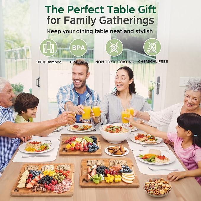Bamboo Cutting Boards for Kitchen(Set of 3), Wood Cutting Board with Wood Storage Stand, Charcuterie & Chopping Board for Vegetables and Meat, with Deep Juice Groove, Ideal Kitchen Gifts