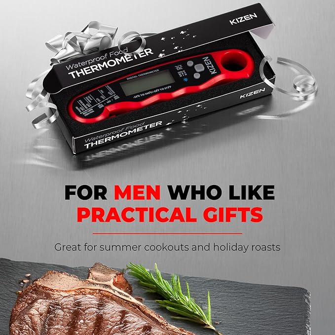 KIZEN Instant Read Meat Thermometer Digital - Food Thermometer for Cooking, Grill, Oven, BBQ - IP67 Rated Waterproof - Large Backlit Display and Magnetic Back