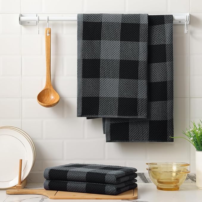 Mordimy 100% Cotton Waffle Weave Kitchen Towels, 20 x 28 Inches, Super Soft and Absorbent Buffalo Check Large Dish Towels for Drying Dishes, 4-Pack, Black & Grey