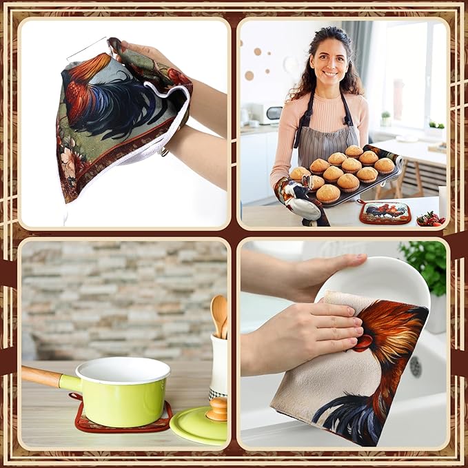 Bencailor 6 Pcs Spring Kitchen Decor Sunflower Pot Holders and Oven Mitts Sets Yellow Kitchen Towel 2 Farmhouse Cooking Mittens for Cooking Grilling Supply Accessories(Red,Retro Rooster)
