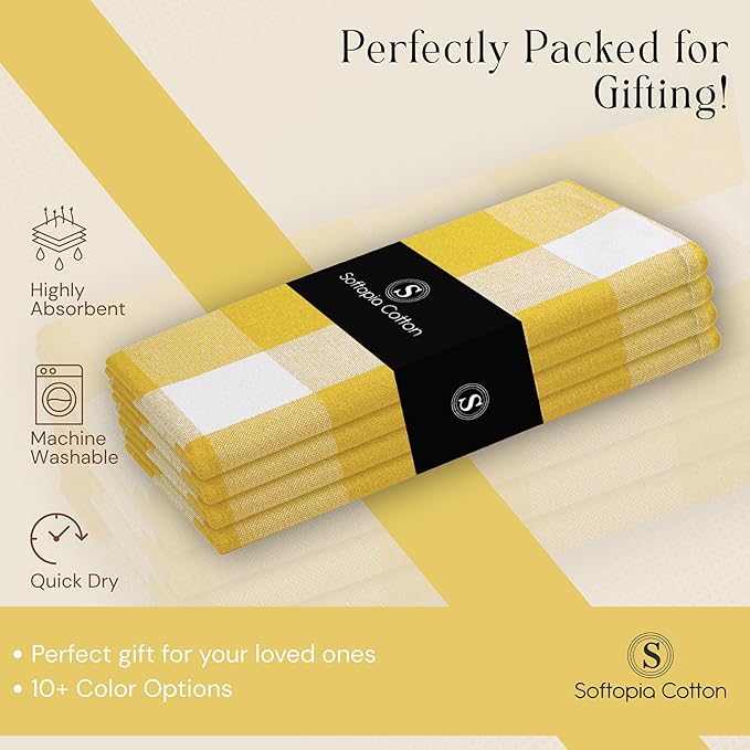 Lemon Yellow Buffalo Plaid Cloth Napkins (Set of 4), 16"x16", Checkered Fabric - Soft, Durable, Reusable Cotton Napkins for Weddings, Dinner Parties, Restaurants, Spring Easter Decor