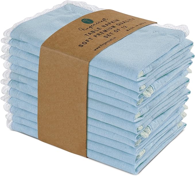 Fingercraft Dinner Cloth Napkin Cotton Linen Blend 12 Pack 12In Mitered Corners with Elegant Lace for Everyday Use Napkins Cloth are Pre Shrunk and Good Absorbency Sky Blue Easter Color