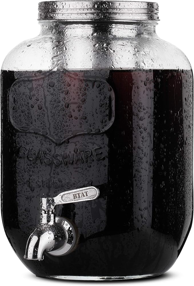 BTaT- 1 Gallon Cold Brew Coffee Maker, Thick Glass Pitcher with Stainless Steel Filter, Lid & Spigot, Iced Coffee & Sun Tea Brewer, Large Mason Jar Cold Brew Container, Fast Iced Tea Maker for Fridge