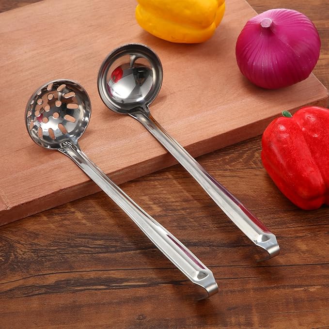 Stainless Steel Soup Ladle Serving Ladle Scoop and Slotted Spoon Set of 2 with Hook for Hanging, Cooking Utensils Set for Kitchen(1 oz)