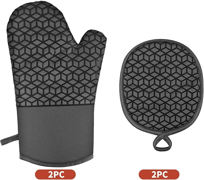 Oven Mitts and Pot Holders,500 ℉ Heat Resistant Oven Mitts Sets,Silicone Oven Gloves, Non-Slip Silicone Textured Grip,Black