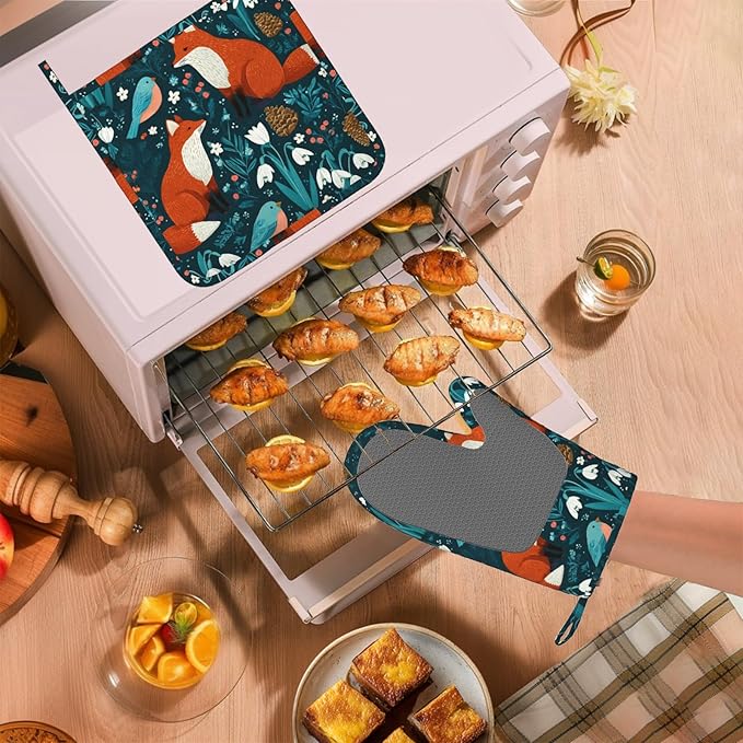 Forest Fox Animal Oven Mitts and Pot Holders Sets Green Floral Silicone Kitchen Mitts Potholders Heat Resistant Oven Gloves Hot Pads for Kitchen Baking Cooking