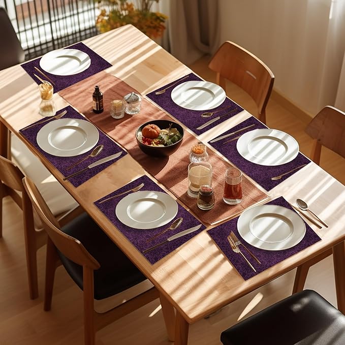 Purple Placemats Set of 6,Eggplant Color Mandala Floral Design Place Mats, Washable Heat Resistant 12×18 Inch Linen Table Mats for Kitchen Dining, Boho Home Decor