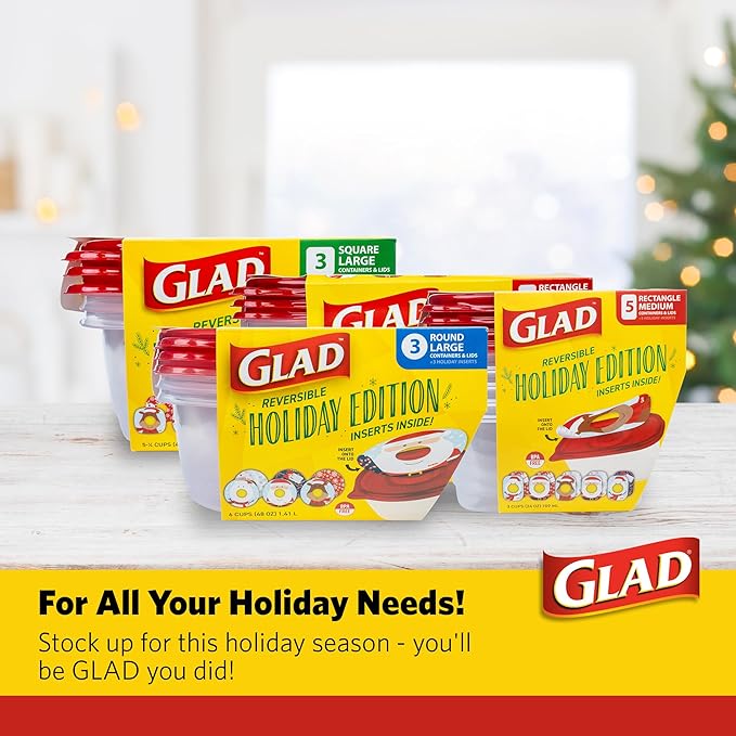 Glad GladWare Holiday Food Storage Containers with Reversible Gift Tags, Large Rectangle BPA Free Plastic for Holiday Cookies and Gifting, Microwave Freezer Dishwasher Safe, 64 Oz, 3 Count